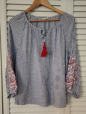 Tribal Jeans Striped Blue & White Peasant Top with Red Tassel